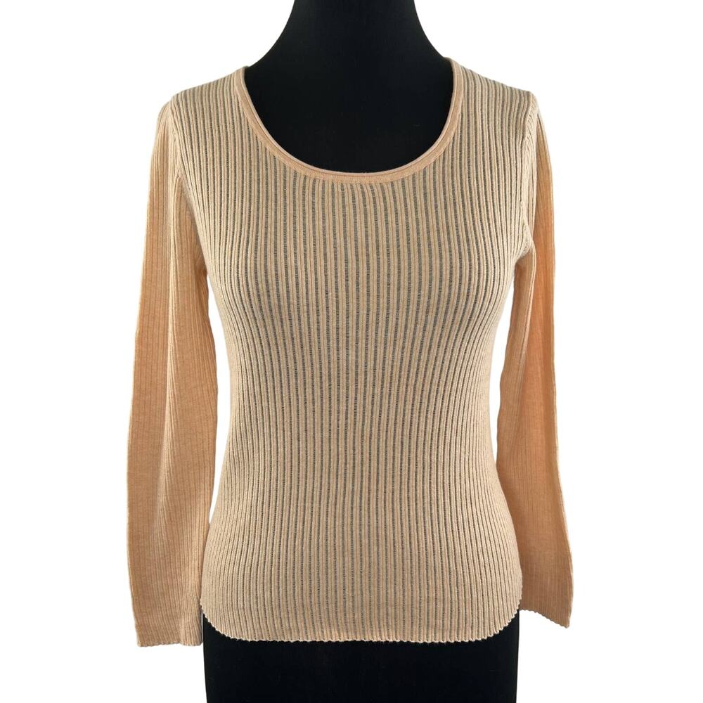 Eileen Fisher Cotton Ribbed Knit Round Neck Long Sleeve Peach Top Petite Medium